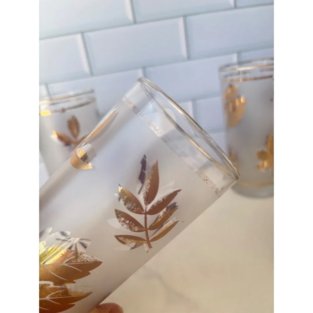 Vtg Libbey Frosted Gold Leaf Highball Glasses Set of 5 MCM Fall Barware 5.5in